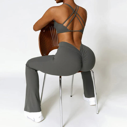 V Back Scrunch High Waist Yoga Flares Pants Push Up Sports Leggings