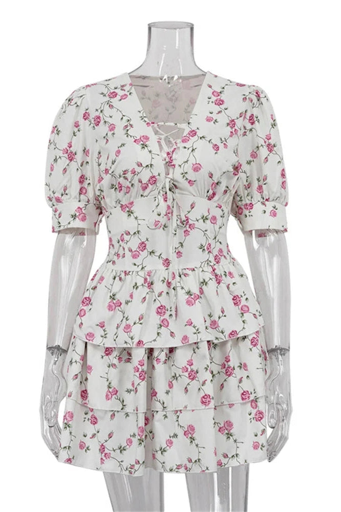 Printed V-Neck Short Sleeve Mini Dress