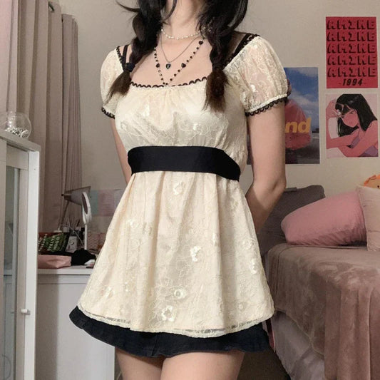 Sweet Girl Kawaii Lace Mini Dress Y2K Fairycore Grunge Patchwork Short Sleeve A-line Dress Vintage Holiday Streetwear