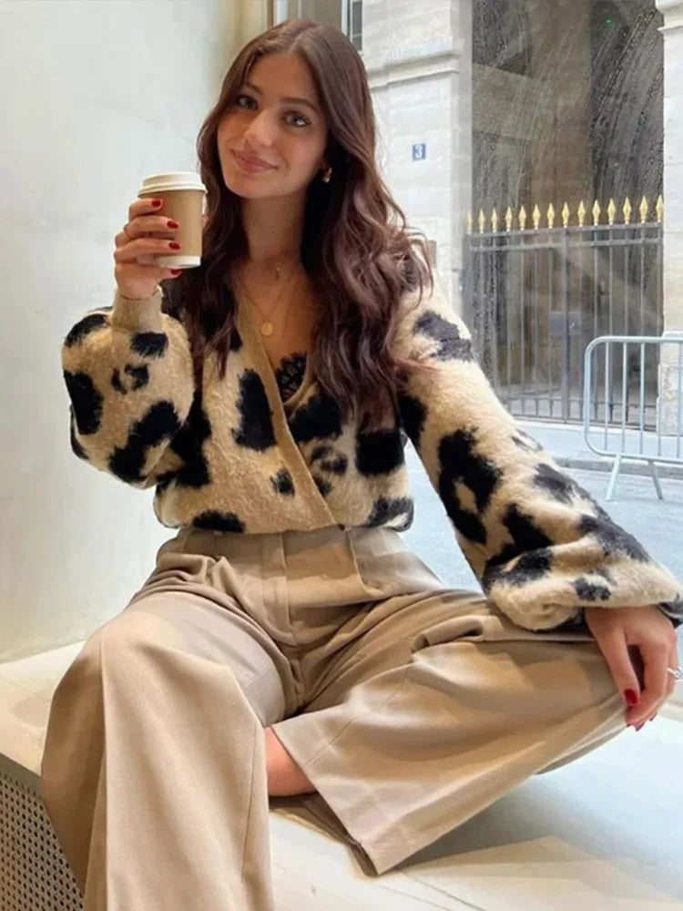 Retro Knitted Leopard Cardigan Women Casual V-neck Soft Open Sweaters Female Autumn Versatile Elegant High Street Knitwear