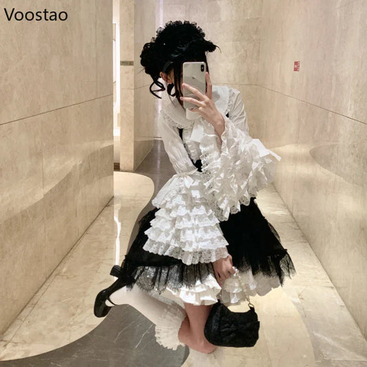 Vintage Lolita Style Shirts Gothic Y2k Bow Lace Ruffle Flare Long Sleeve Blouse Japanese Sweet Elegant Cute Tops