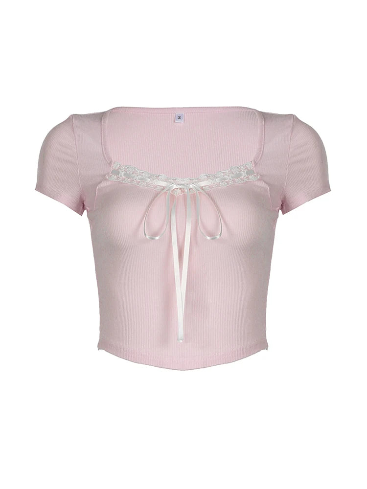 Balletcore Sweet Y2K Tie Lace Trim Square Collar Pink T-Shirt Women Short Sleeve 2000s Cute Kawaii Clothes