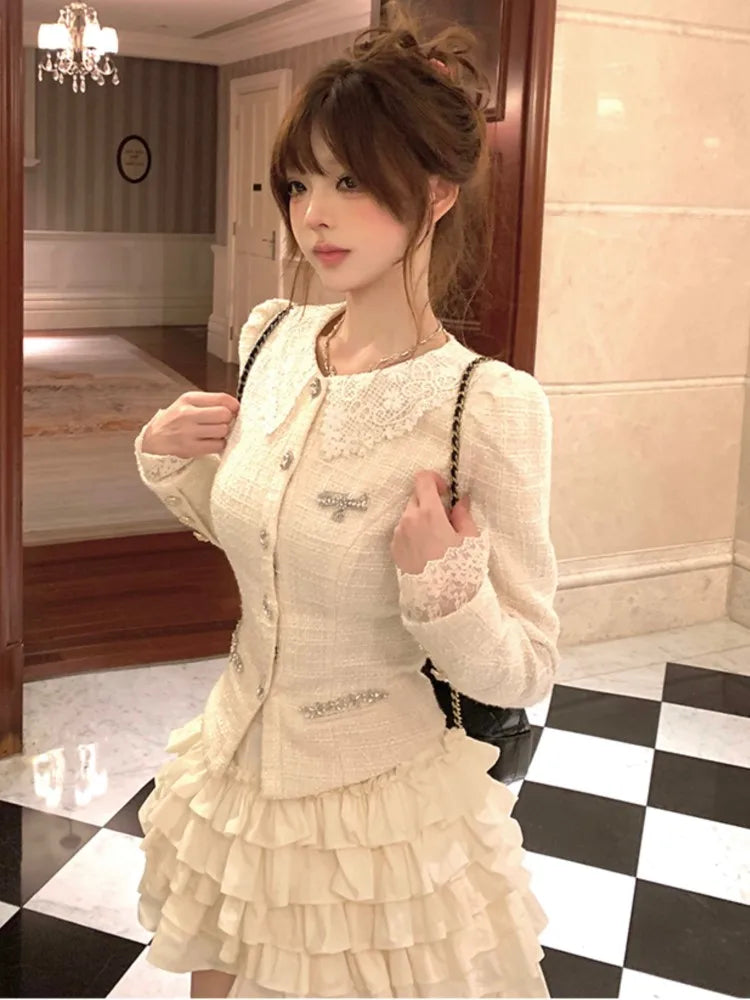 French Vintage 2-piece Set Tweed Lace Patchwork Single Breasted Coat Ruffles Cake Mini Skirt Korean Fashion Autumn Outfits New
