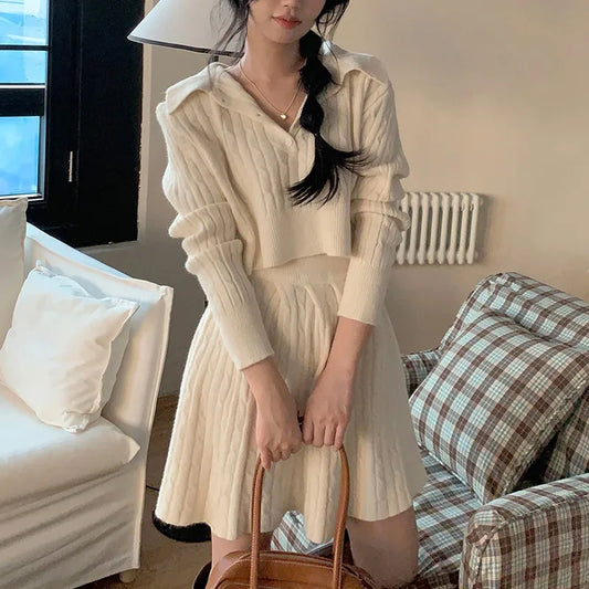 Korean Fashion Two-piece Set Women Pullover Turn-down Collar Crop Top Mini Skirt Solid Casual Suit Autumn New Knitwear Outfits