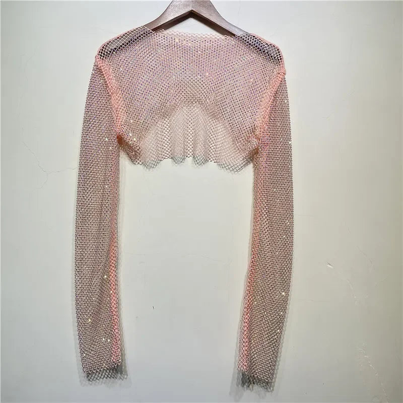 Sparkly Crystal T-shirts O-Neck Hollow Out See Through Tank Tops Night Partywear Crop Shirts Tee Y2K Tops