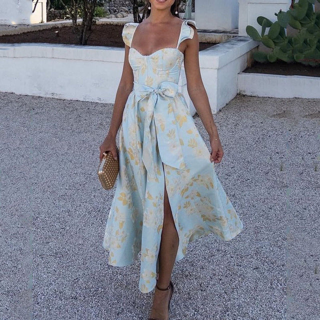 Flowers Print Sleeveless Long Dresses Women Sexy Low Cut Backless Bowknot Leace-up Slit Dress Temperament Lady Vestidos 2025 New