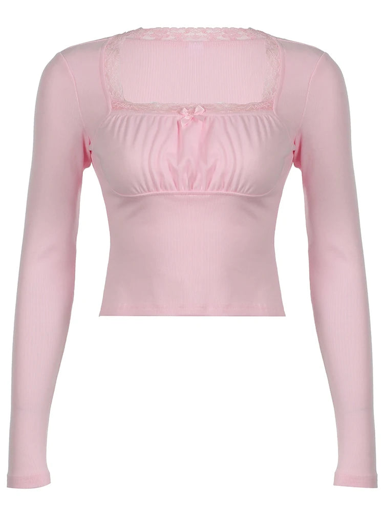 Japanese Kawaii Pink Sweet Bow Long Sleeve Tee Front Ruched Bust Lace Trim Square Collar Slim Balletcore Women T Shirt