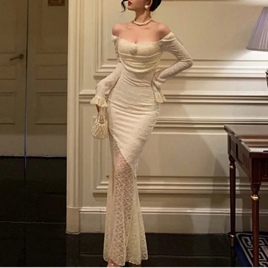 Sexy Solid Lace Maxi Dresses for Women Off Shoulder Bodycon Mermaid Autumn Birthday Evening Party Prom Robe Vestidos Mujer New