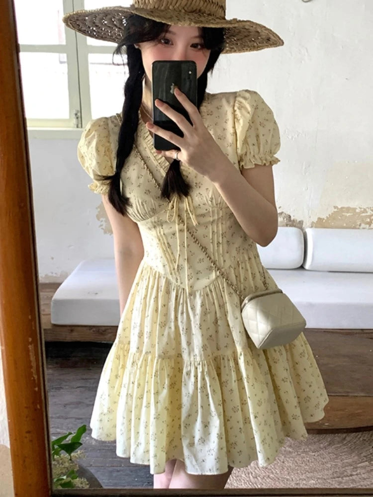 French Floral Printed Short Dresses for Women Y2K V-neck High Waist Birthday Party Dress Korean Chic Prom A-line Summer Vestidos