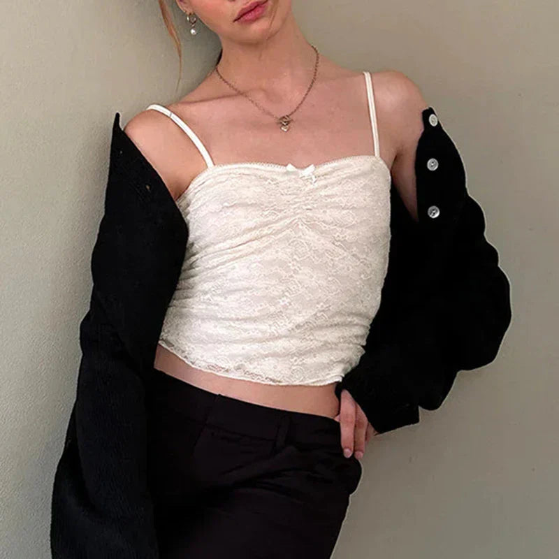 Voguable Sweet Floral Lace Patchwork Crop Top White Black Coquette Aesthetic Double Layer Folds Camis Y2K Cute Vest Women