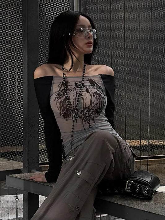 Knitted Mesh Character Print Sheer Top