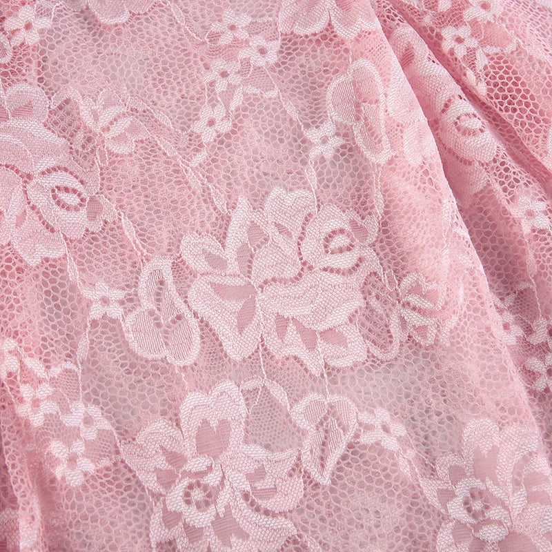 Voguable See Through Lace Kawaii Dress Pink Transparent Sleeveless Lolita Mini Dresses Fairycore Aesthetic Sundress Y2K Outfit