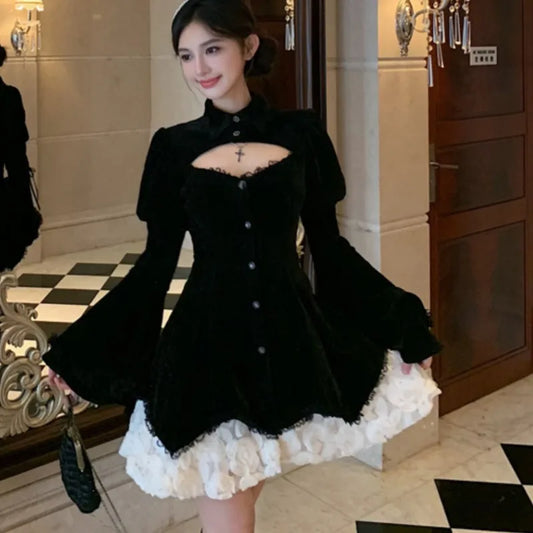Y2K Gothic Black Mini Dresses Women Flare Sleeve O-neck Hollow Out Ruffles Patchwork A-line Korean Chic Party Dress Autumn New