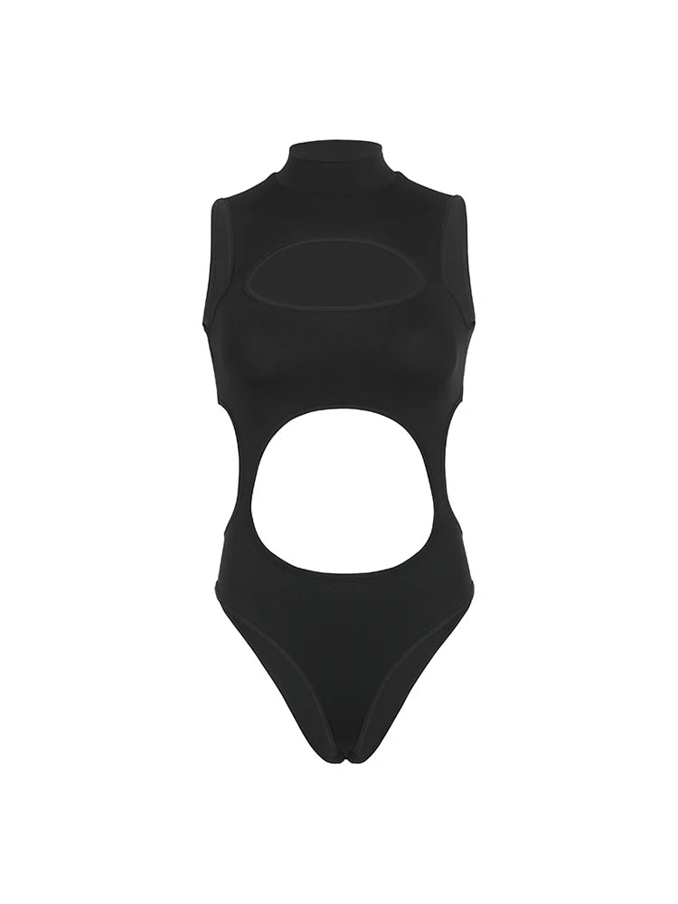 Solid Cut Out Sleeveless Skinny Half High Collar Bodycon Bodysuit Women