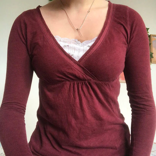 Y2K Cute Grunge Burgundy T-shirt 00s Vintage V Neck Long Sleeve Tees Chic Retro Women Milkmaid Tops Autumn Techwear Clothes