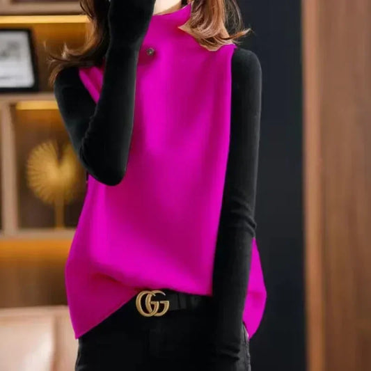 Spring And Autumn Women’s Turtleneck Knitted Sweater Sleeveless Pullover Vest Loose Fashion Versatile Western Style Top