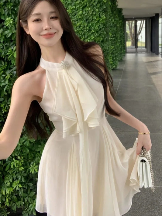 Elegant Halter Ruffles Short Dresses for Women Diamond Sleeveless A-line Sexy Evening Party Dress Prom Korean Chic Vestido Mujer