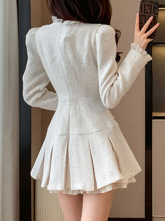 Women Fashion Tweed Plaid Short Dress Autumn Winter New Spliced Pleated Single Breasted Vestidos Female Elegant Chic Clothes