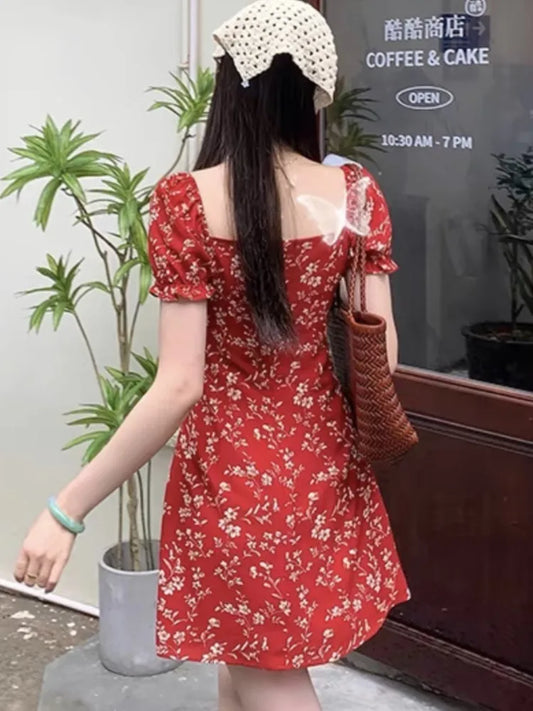 Summer New Printed Floral Midi Dresses for Women Square Collar Puff Sleeve French Vintage Korean Fashion One Piece Vestido Mujer