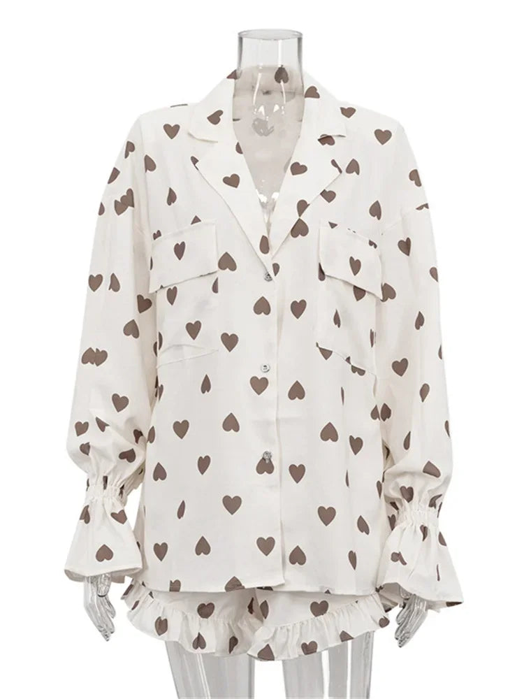 Autumn 2 Piece-Set Shorts For Women Printed Pocket Shirts And High Waist Slim Shorts Sets Female Casual Contrast Outfits