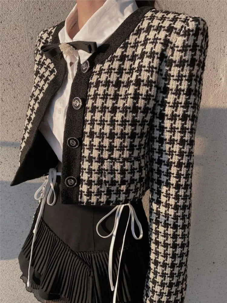 Elegant Cropped Jacket Women French Vintage Single Breasted Long Sleeve O-neck Top Autumn Y2k All-match Houndstooth Coats New