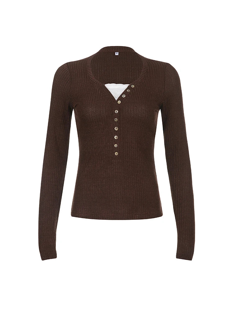 Contrast Lace Patchwork Ribbed Slim Basic Long Sleeve T Shirt Women Brown American Retro Spring Autumn Button Tees
