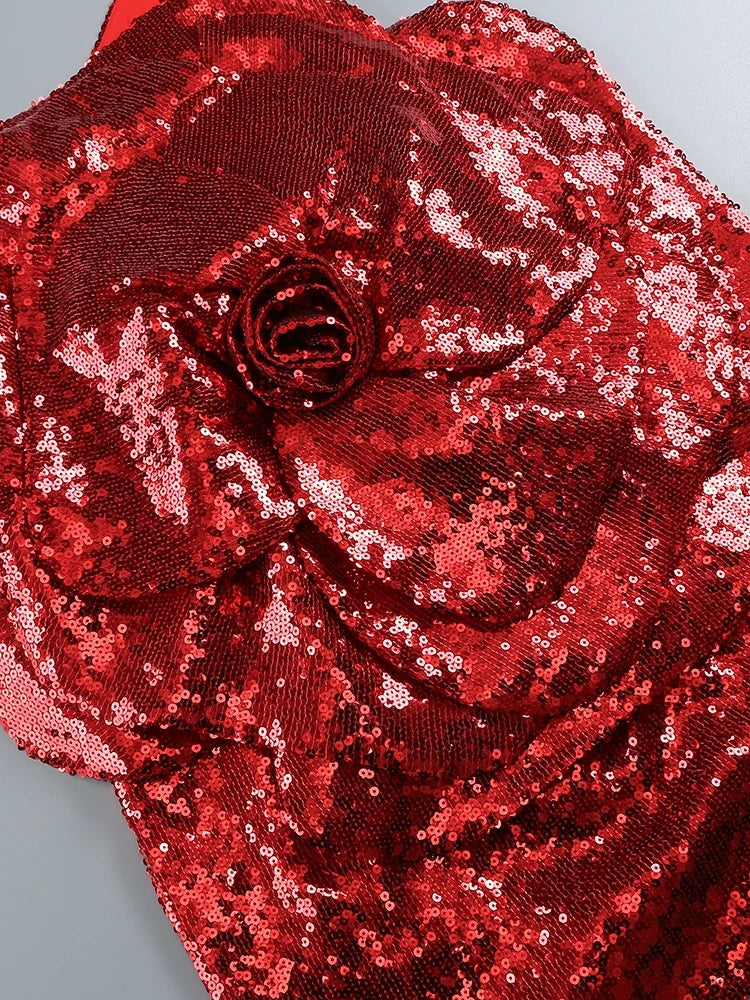 Odalys One Shoulder Red Sequin Mini Dress with 3D Flowers