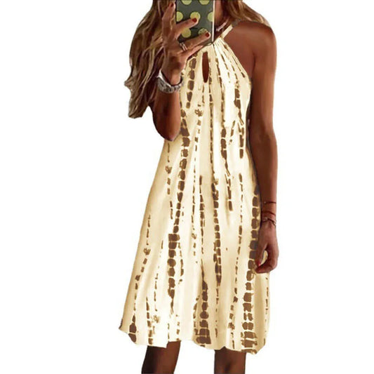 Simple Print Halter Neck Mini Dresses Women Fashion Casual Hollow Out Backless Sleeveless Dress Lady Commuting Short Vestidos