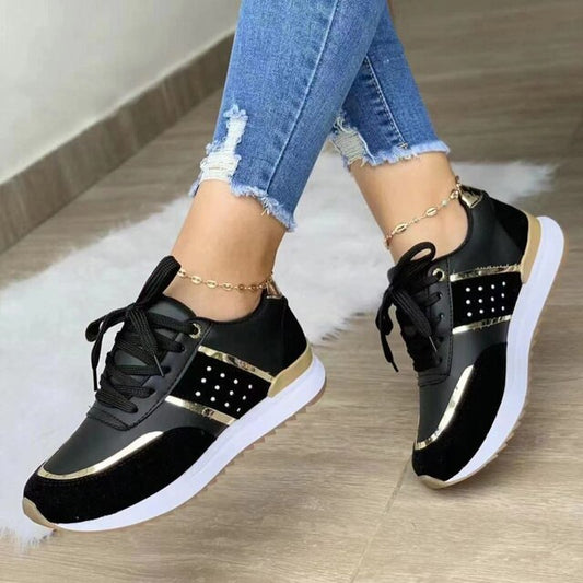 Elegantes zapatillas con cordones y bloques de color para mujer con detalles dorados y plateados | Ideales para cualquier temporada