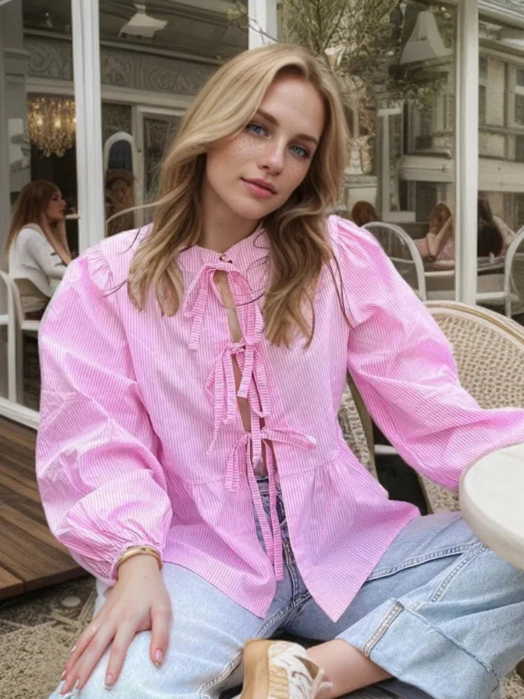 Casual Lace Up O-neck Ruffled Hem 2025 Spring Summer Bow Puff Sleeves Female Office Shirt Blouse