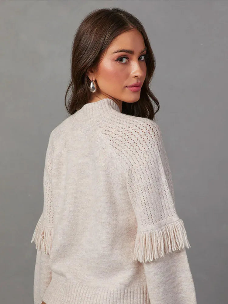 Solid Long Sleeve Patchwork Tassel Pullover Women New Fashion Round Neck Sweater