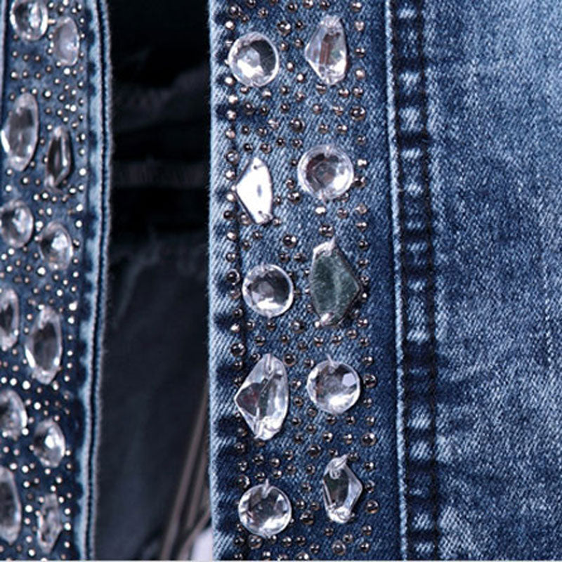 DressBetty - Denim Slim Zipper Sequins Jacket