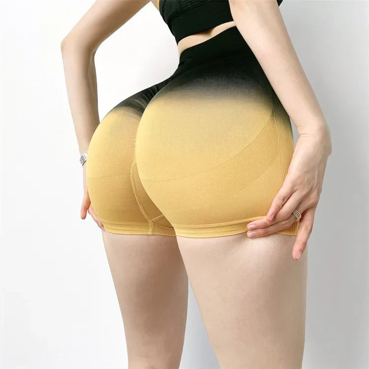 Summer Fitness Seamless High Waist Gym Deep Squat Gradient Color Running Sports Short