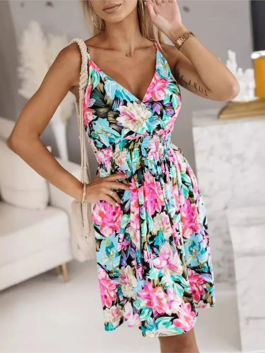 Summer Fashion Floral Print Spaghetti Strap Dresses Women Sexy V-neck Chic Vacation Style Midi Dress Temperament Ladies Vestidos