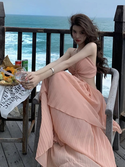 Summer New Fashion Sexy Pleated Holiday Beach Long Dresses for Women Vacation Spaghetti Strap A line Ladies Robe 2025 Sundress