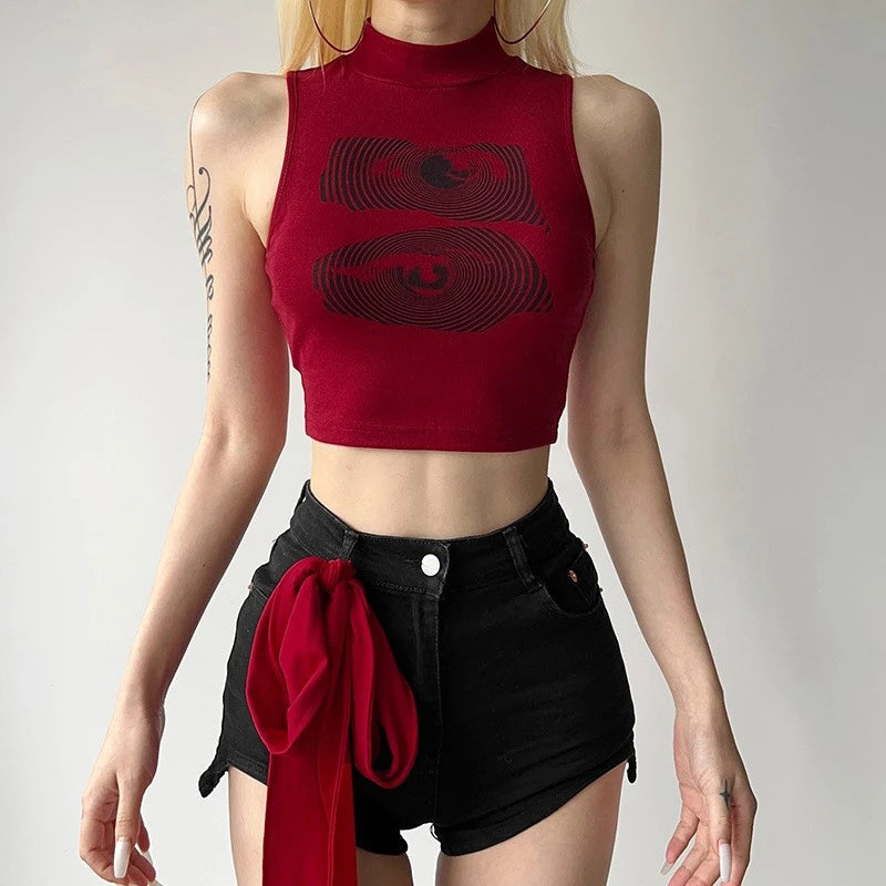 Summer Tank Top Women Y2k Clothing Fashion Crop Top High Neck Red Printing Sleeveless Sexy Streetwear Girls’ Short Tops