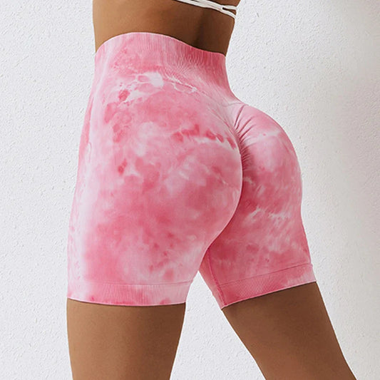 Summer Marbling Tie Buttock Lift Gym Women Fitness Tights High Waist Booty Sports Short