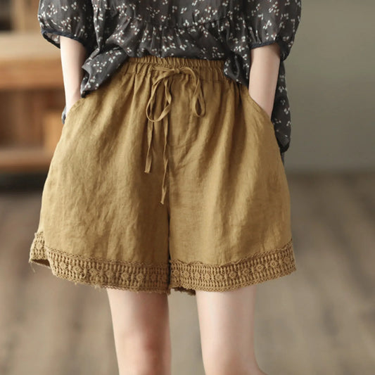 Summer Women'S Show Thin Straight Leg Pants Retro Hollowed Out Hook Flower Cotton And Literary Lace Casual Pants Short