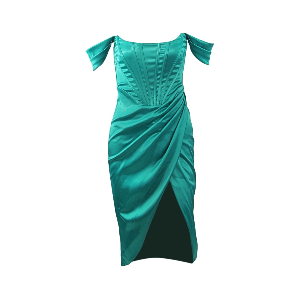 Refined Satin Off-Shoulder Dress with Silky Texture