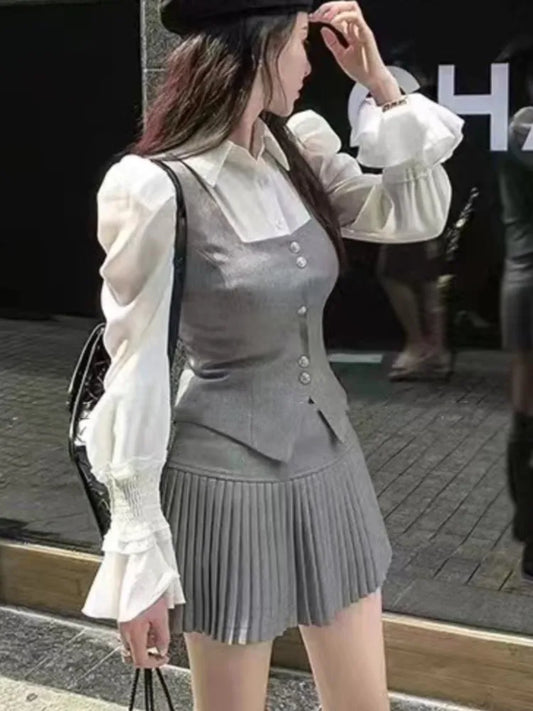 Sweet 3 Piece Set Women Flare Sleeve Shirt Square Collar Vest Pleated Mini Skirt Autumn Spring Solid Y2K Korean Chic Outfits New