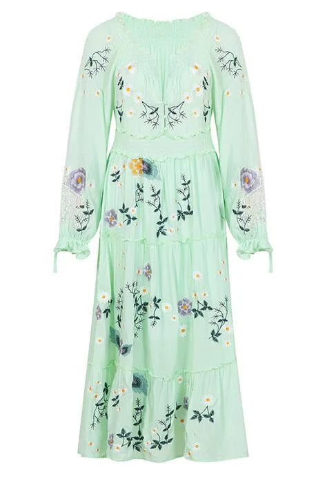 FashionSierra-Blue Floral Embroidery Casual Deep V Long Sleeve Vintage Loose Ruffles Boho Dress