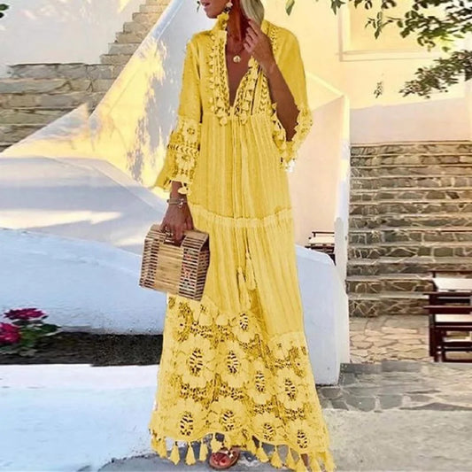 FashionSierra-Long Sleeve Tassel Women Vintage Floral Embroidery Beach Wear Summer 2025 Casual Lace Vestidos Boho Dress