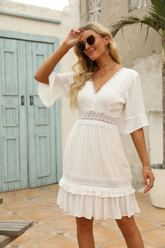 FashionSierra-White Lace Mini For Women Robe Sexy Deep V Short Ruffles Sleeve Summer Party Casual Beach Vestidos Boho Dress