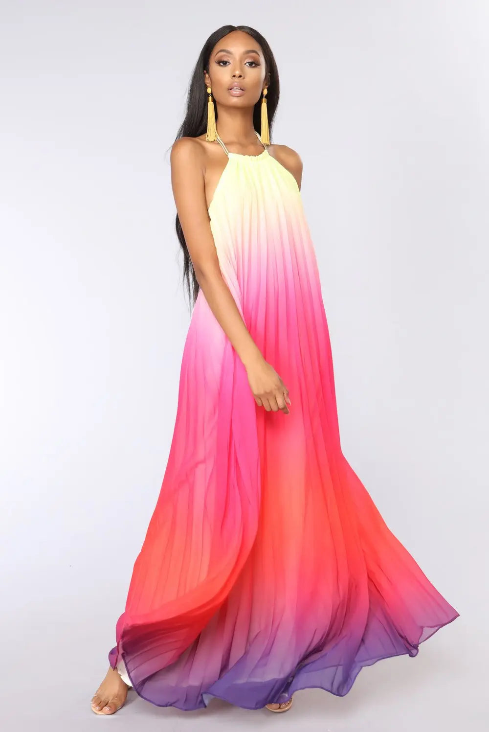 FashionSierra-Elegant Party Chiffon Rainbow Floral Print Maxi Women Sexy Backless Halter Long Summer Beach Robe Boho Dress