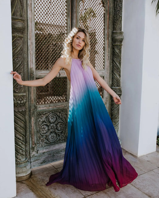 FashionSierra-Elegant Party Chiffon Rainbow Floral Print Maxi Women Sexy Backless Halter Long Summer Beach Robe Boho Dress