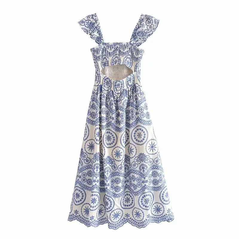 FashionSierra-Hollow Floral Embroidery Sleeveless Strap Long For Women Vintage 2025 Summer Vestidos Party Ladies Boho Dress