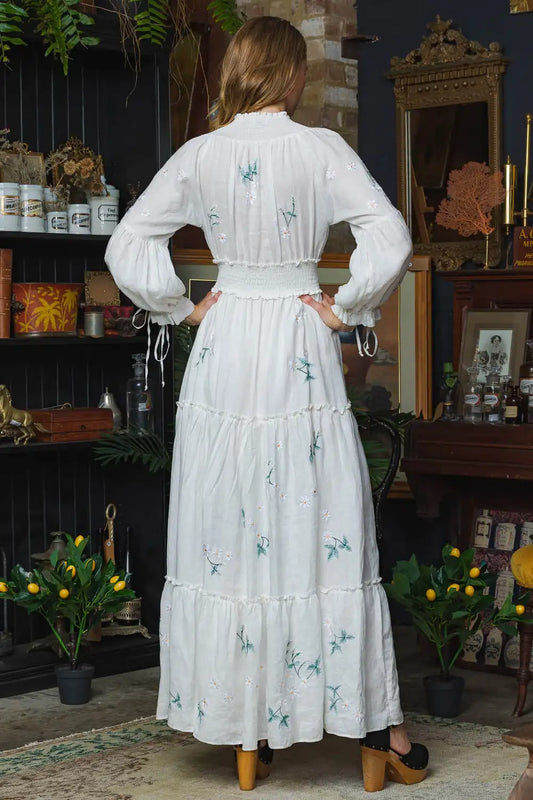 FashionSierra-Long Sleeve Vintage Floral Embroidery Spring Autumn Casual Deep V Neck Cotton Boho Dress