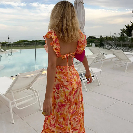 FashionSierra-Orange Floral Printed Maxi Women Sexy Backless Deep V Neck Waistless Long Summer Ruffles Beach Boho Dress