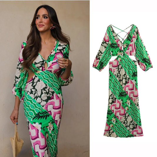 FashionSierra-Sexy Deep V Neck Backless Maxi Women Beach Cotton Linen Print Long Sleeve Autumn Party Vestidos Boho Dress