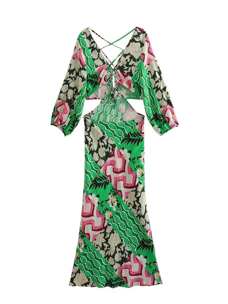 FashionSierra-Sexy Deep V Neck Backless Maxi Women Beach Cotton Linen Print Long Sleeve Autumn Party Vestidos Boho Dress